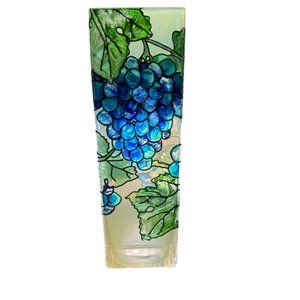 Hand Painted Grapes Vines Leaves Stained Glass Vase Joan Baker Designs 10" Tall